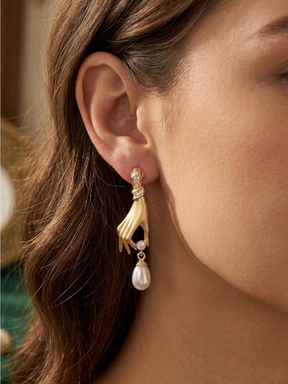 Gold Hand Pearl Drop Earrings - Women Jewelry